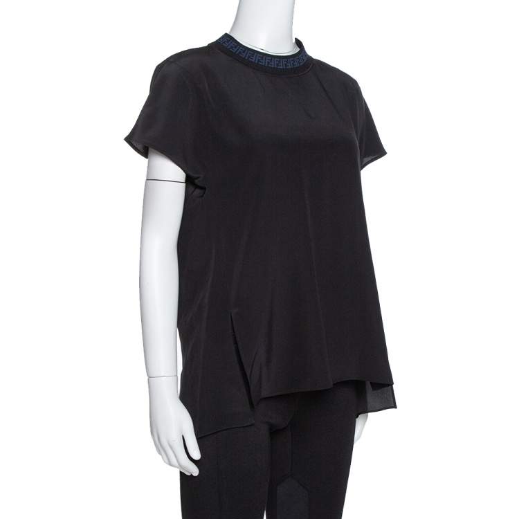 Pre Owned Fendi Black Silk Ribbed Logo Neck Trim Detail Top XS