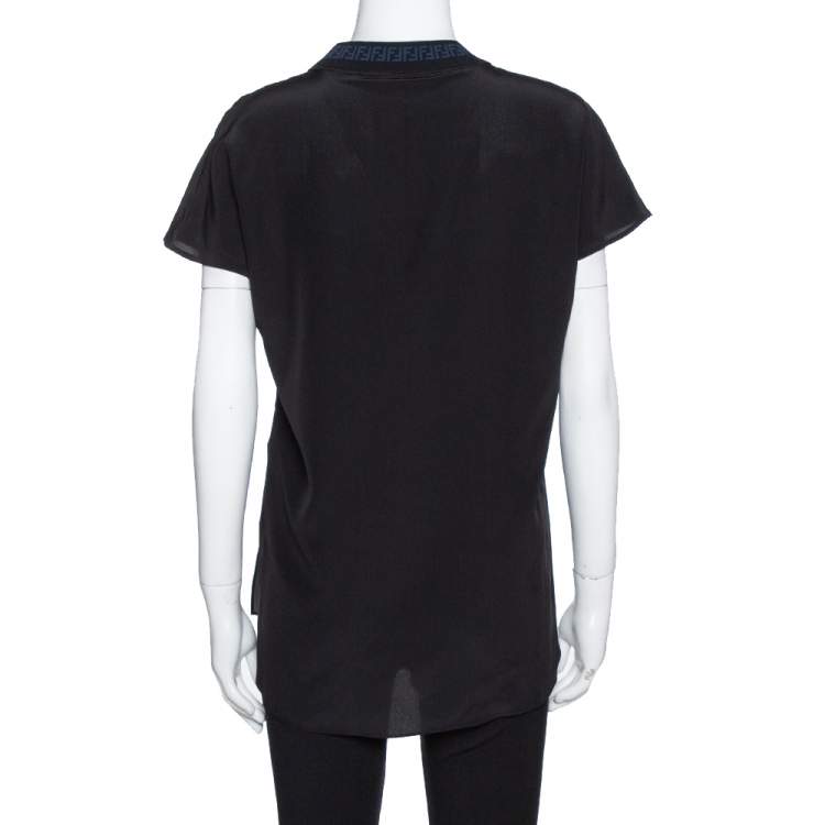 Pre Owned Fendi Black Silk Ribbed Logo Detail Blouse M