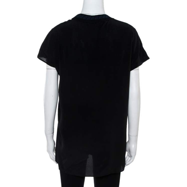 Pre Owned Fendi Black Silk Ribbed Logo Neck Trim Detail Top M