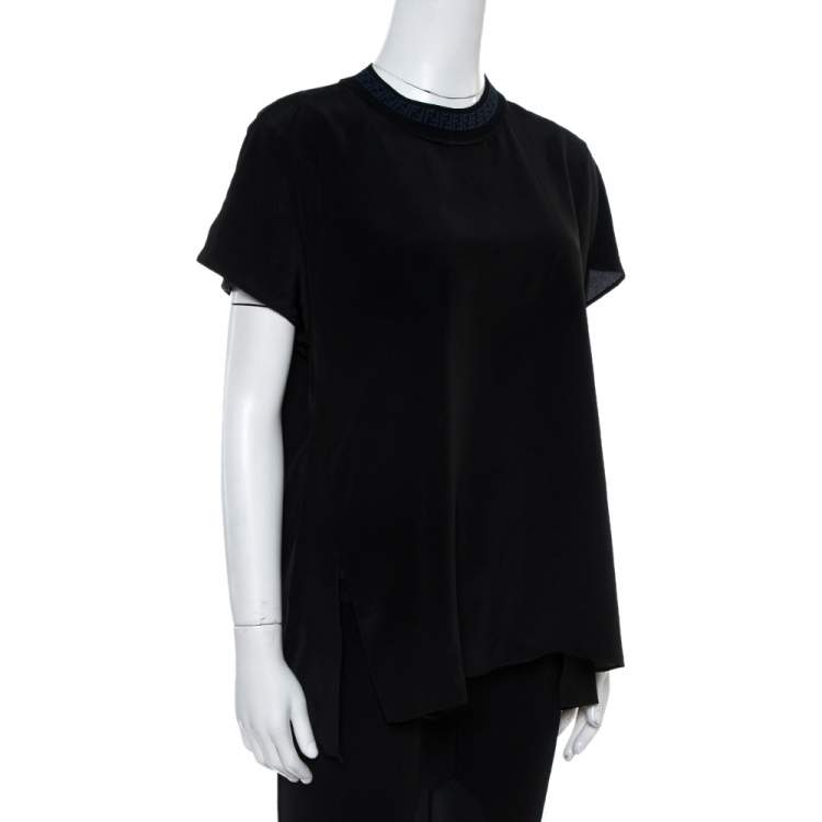 Pre Owned Fendi Black Silk Ribbed Logo Neck Trim Detail Top M