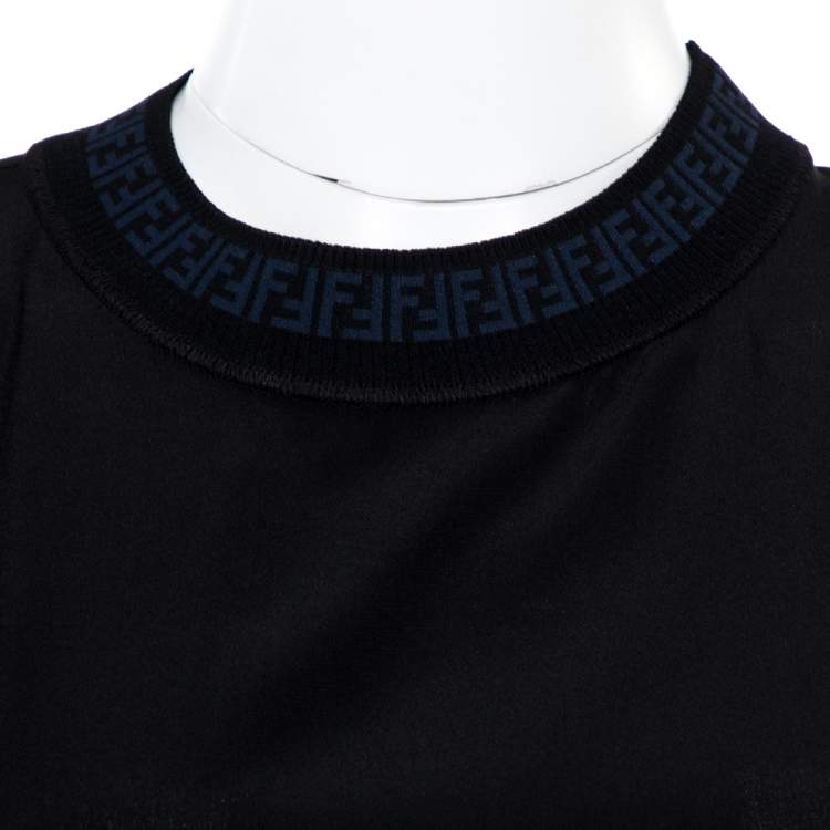 Pre Owned Fendi Black Silk Ribbed Logo Neck Trim Detail Top M