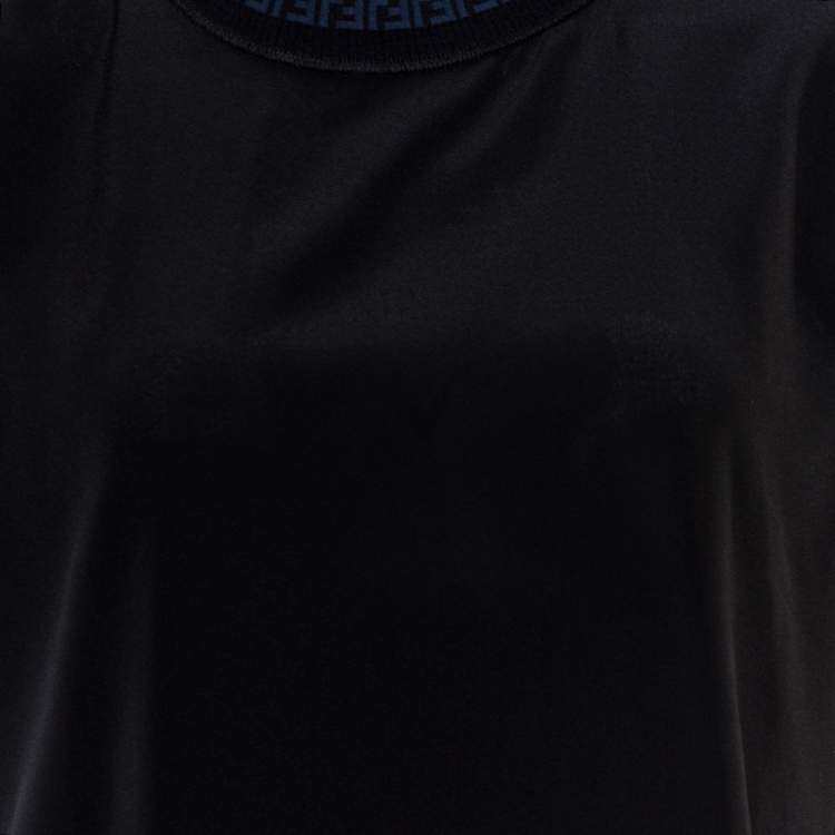 Pre Owned Fendi Black Silk Ribbed Logo Neck Trim Detail Top M
