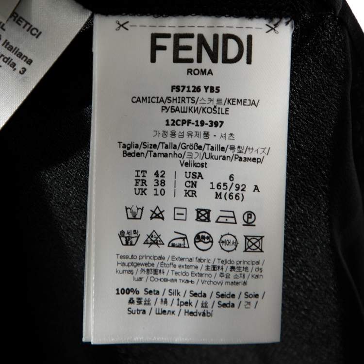 Pre Owned Fendi Black Silk Ribbed Logo Neck Trim Detail Top M