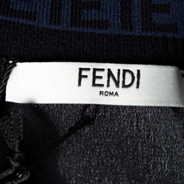 Pre Owned Fendi Black Silk Ribbed Logo Neck Trim Detail Top M