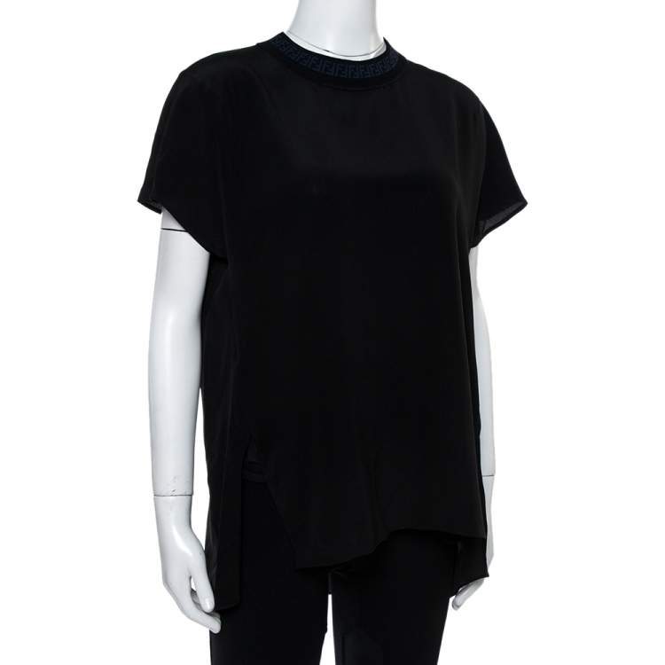 Pre Owned Fendi Black Silk Ribbed Logo Neck Trim Detail Top M
