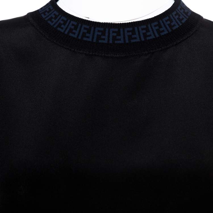 Pre Owned Fendi Black Silk Ribbed Logo Neck Trim Detail Top M