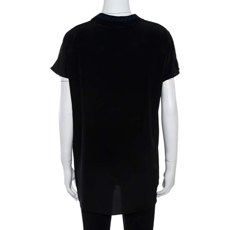 Pre Owned Fendi Black Silk Ribbed Logo Neck Trim Detail Top M
