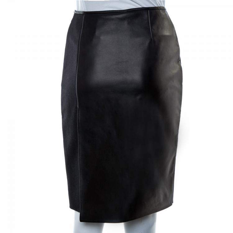 Pre Owned Fendi Black Leather & Knit Slit Detail Knee Length Skirt S