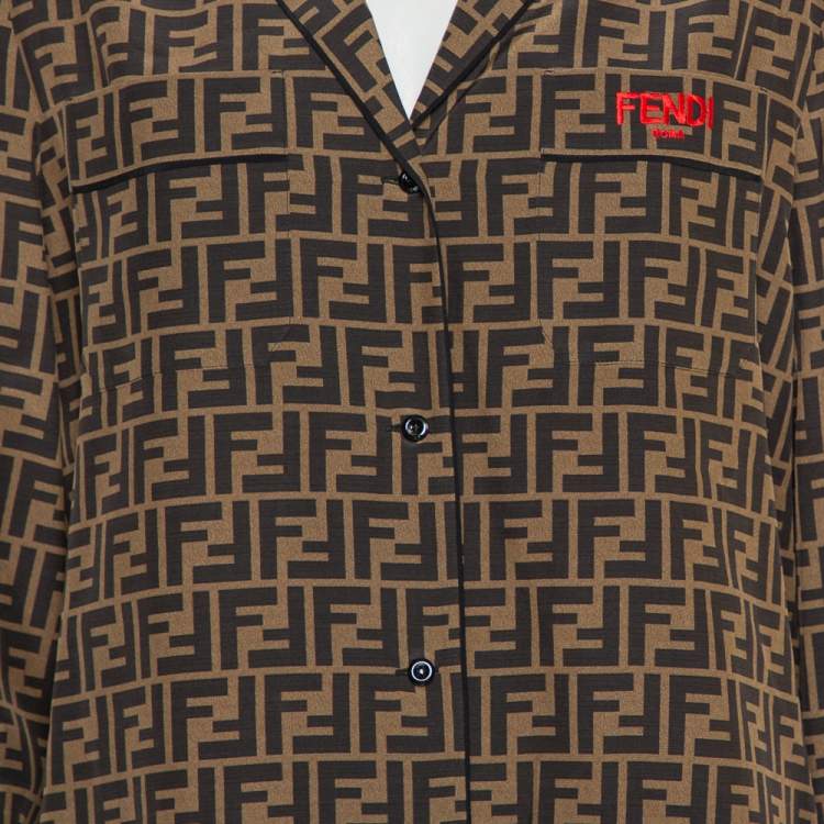 Pre Owned Fendi Brown Zucca Monogram Silk Button Front Shirt M