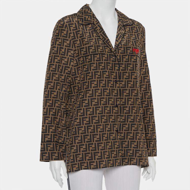 Pre Owned Fendi Brown Zucca Monogram Silk Button Front Shirt M