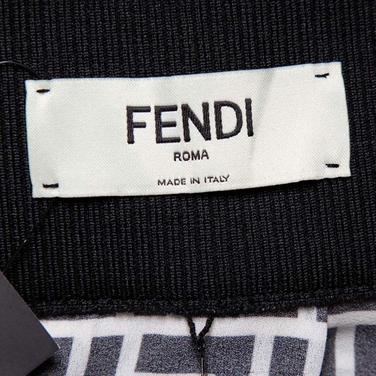 Pre Owned Fendi Monochrome Logo Printed Silk Side Slit Detail Midi Skirt M