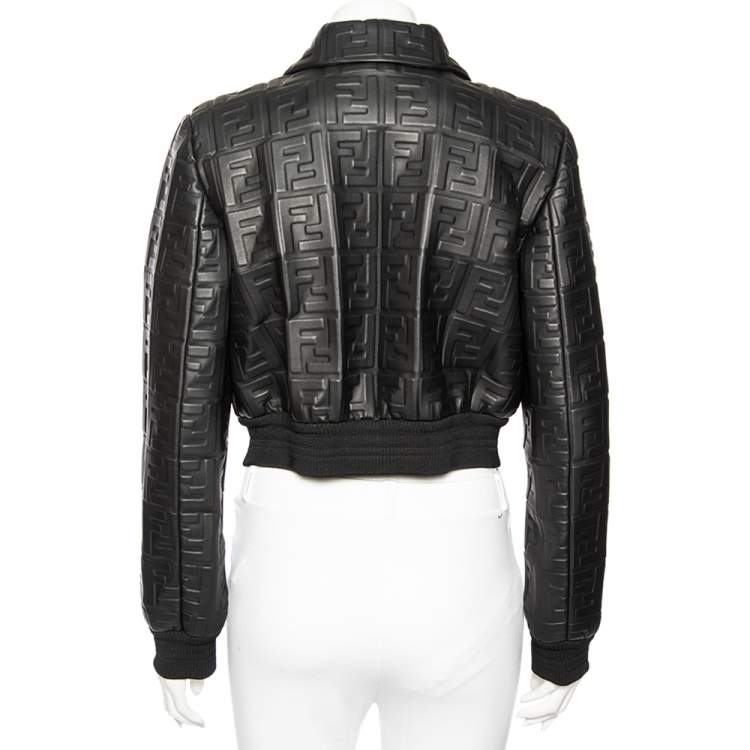 مملوكة مسبقًا Fendi Black Logo Embossed Leather Cropped Jacket M