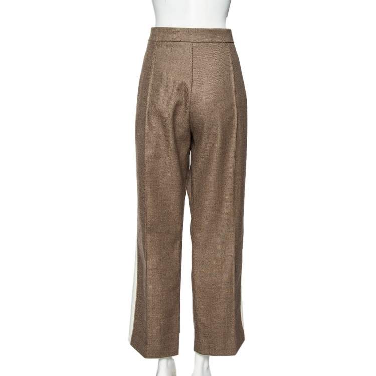 Pre Owned Fendi Brown Wool Contrast Trim Wide Leg Pants L