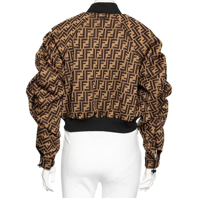 Pre Owned Fendi Brown Zucca Monogram Jacquard Ruched Cropped Bomber Jacket S 