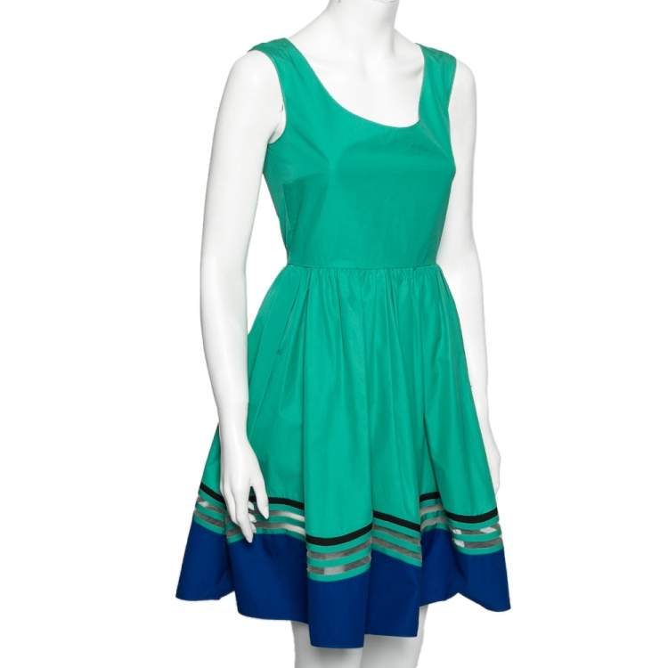 مملوكة مسبقًا Fendi Green & Blue Paneled Cotton Poplin Sleeveless Flared Dress S