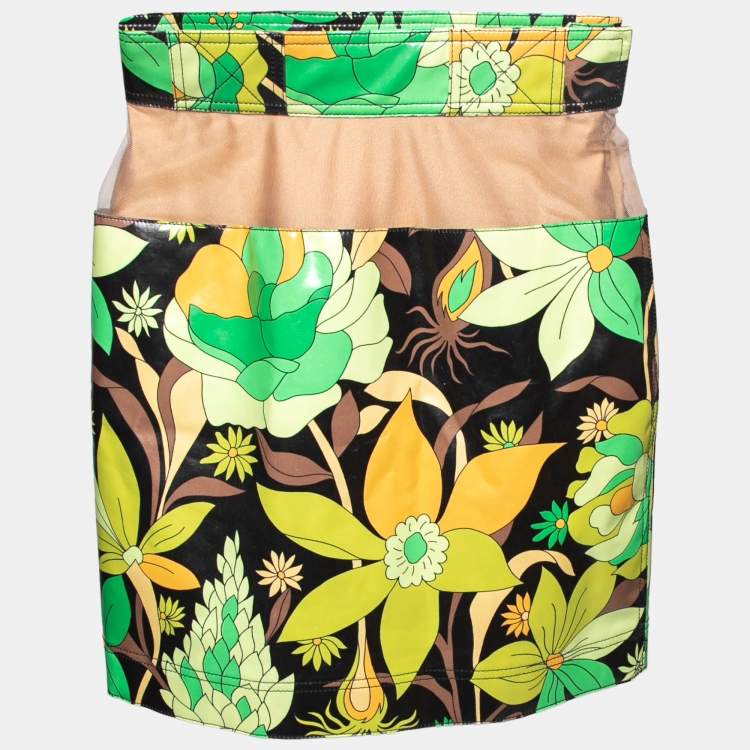 مملوكة مسبقًا Fendi Green Floral Printed Coated Cotton Tulle Band Mini Skirt S