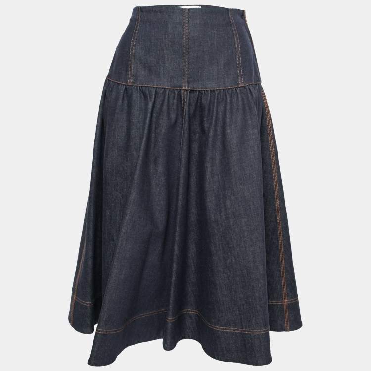 Pre Owned Fendi Blue Denim Palm Logo Embroidered A-Line Midi Skirt S