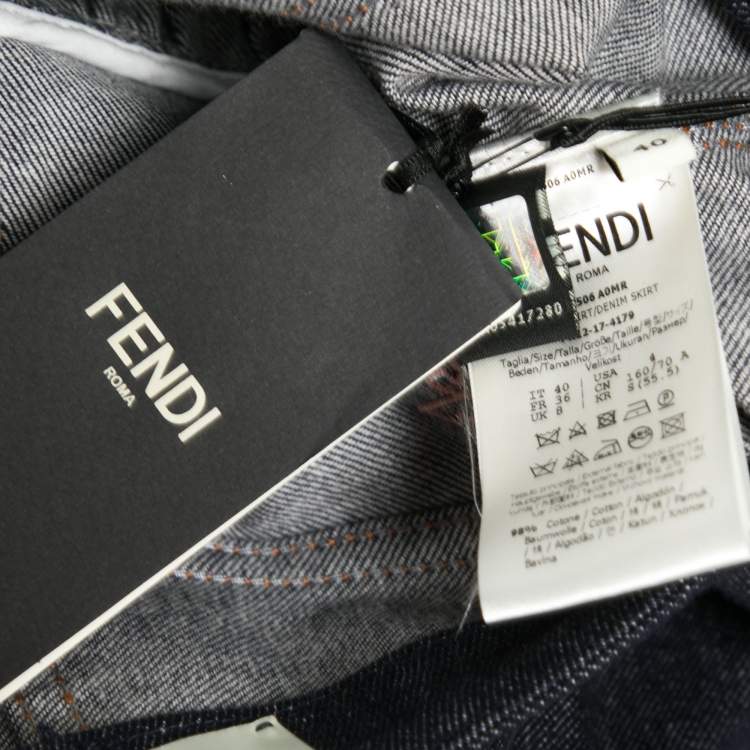 Pre Owned Fendi Blue Denim Palm Logo Embroidered A-Line Midi Skirt S