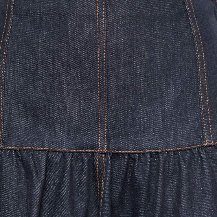 Pre Owned Fendi Blue Denim Palm Logo Embroidered A-Line Midi Skirt S