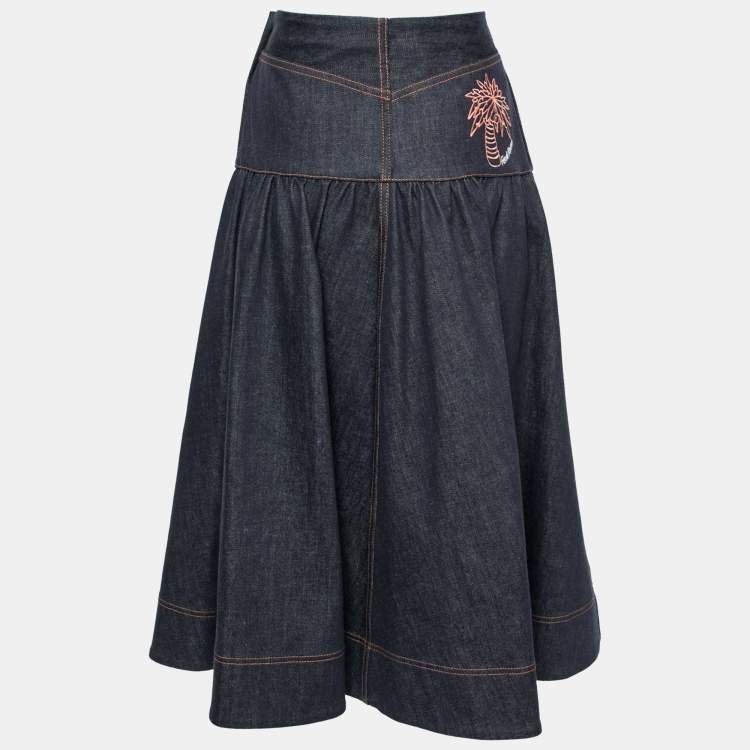 Pre Owned Fendi Blue Denim Palm Logo Embroidered A-Line Midi Skirt S