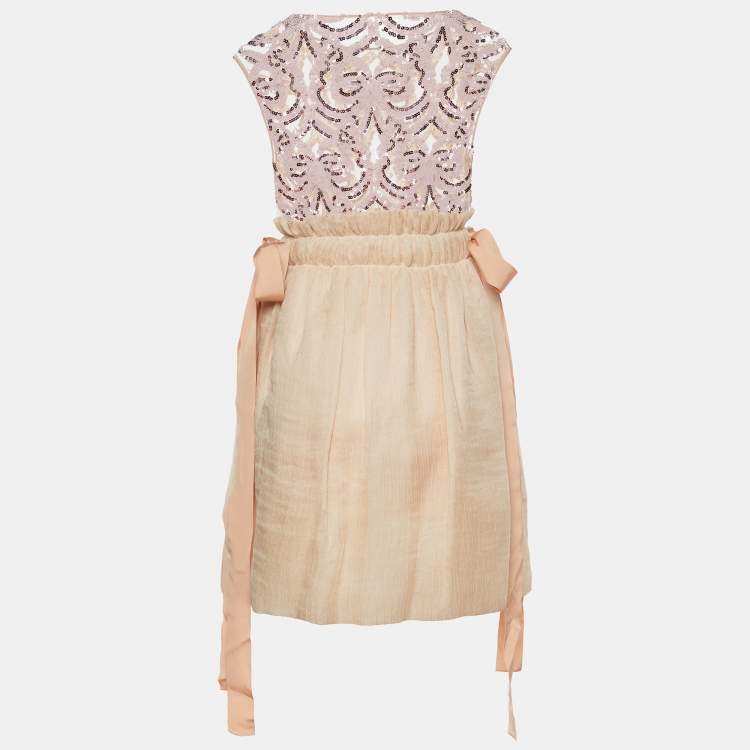 Pre Owned Fendi Beige Silk Embellished Belt Detail Dress M