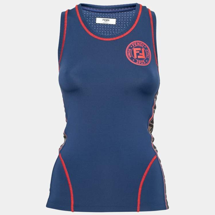 Pre Owned Fendi Blue Synthetic Logo Printed Sleeveless Tank Top S