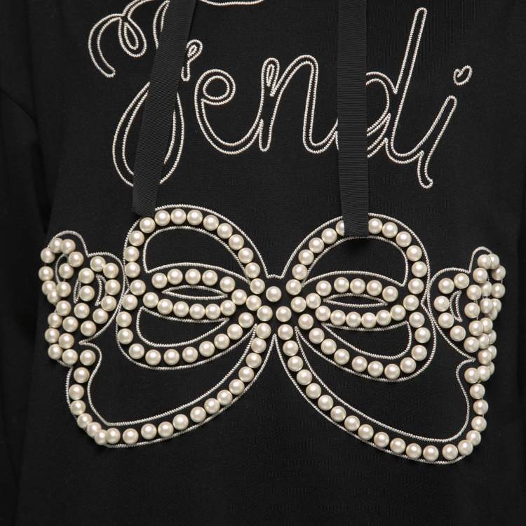 Pre Owned Fendi Black Cotton Logo Embroidered Pearl Long Hoodie S