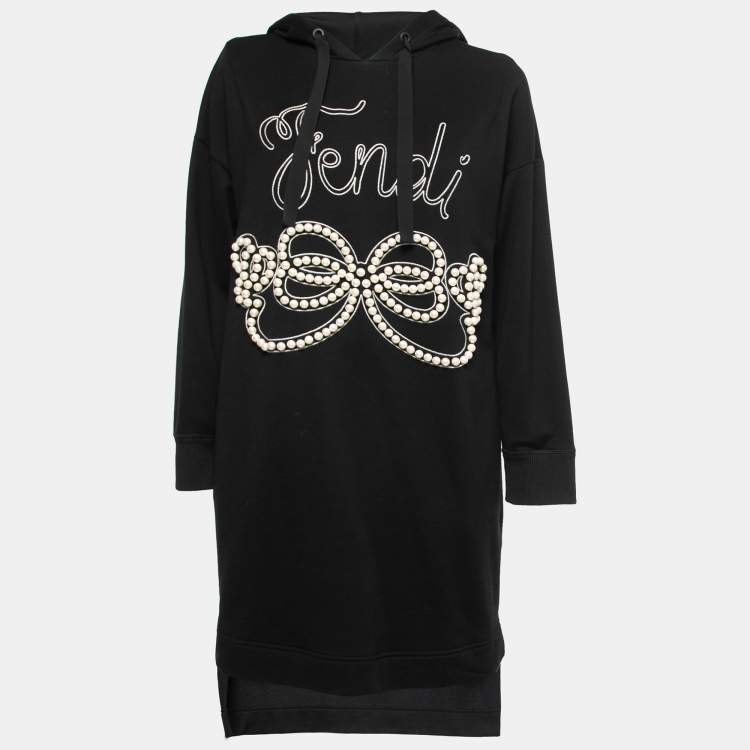 Pre Owned Fendi Black Cotton Logo Embroidered Pearl Long Hoodie S