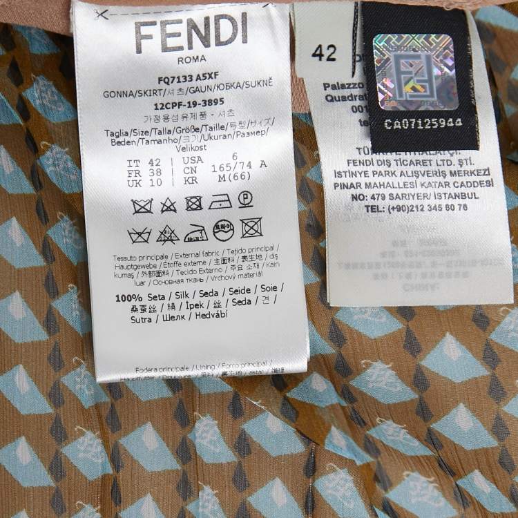 Pre Owned Fendi Brown/Blue Geometric Printed Silk Pleated Midi Skirt M