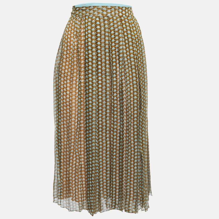 Pre Owned Fendi Brown/Blue Geometric Printed Silk Pleated Midi Skirt M