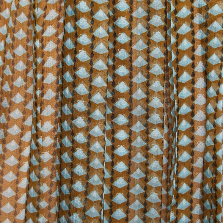 Pre Owned Fendi Brown/Blue Geometric Printed Silk Pleated Midi Skirt M