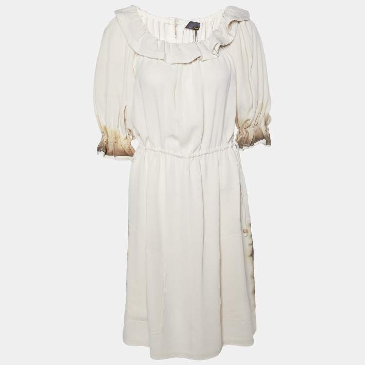 Pre Owned Fendi Cream Silk Crepe Ruffled Mini Dress M