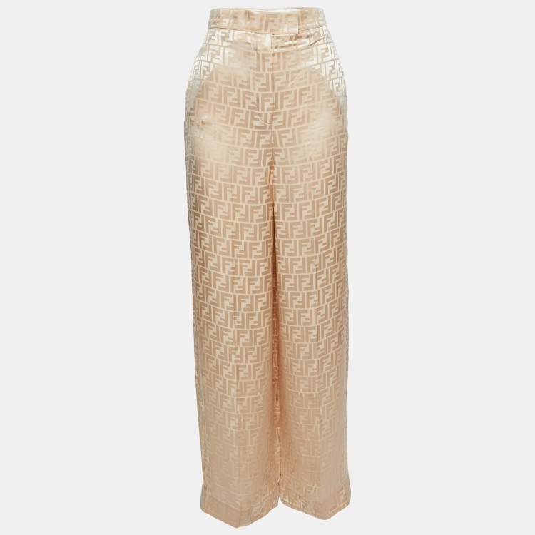 Pre Owned Fendi Beige FF Jacquard Satin Trousers XS