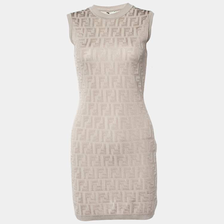 Pre Owned Fendi Greige FF Motif Knit Sleeveless Fitted Dress S