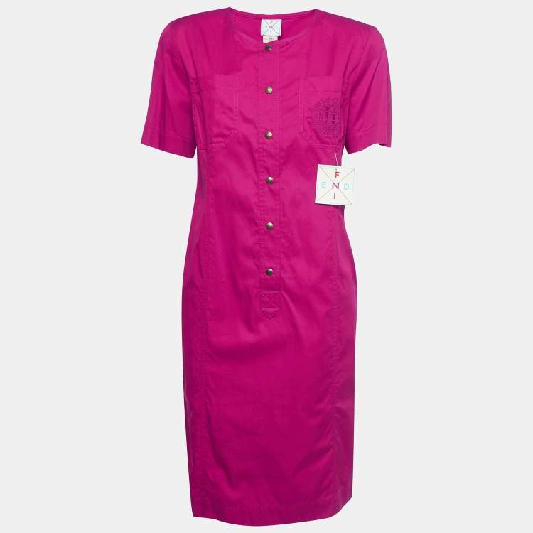 Pre Owned Fendi Vintage Pink Logo Embroidered Cotton Buttoned Midi Dress L