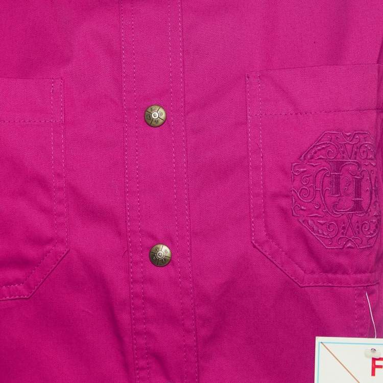 Pre Owned Fendi Vintage Pink Logo Embroidered Cotton Buttoned Midi Dress L