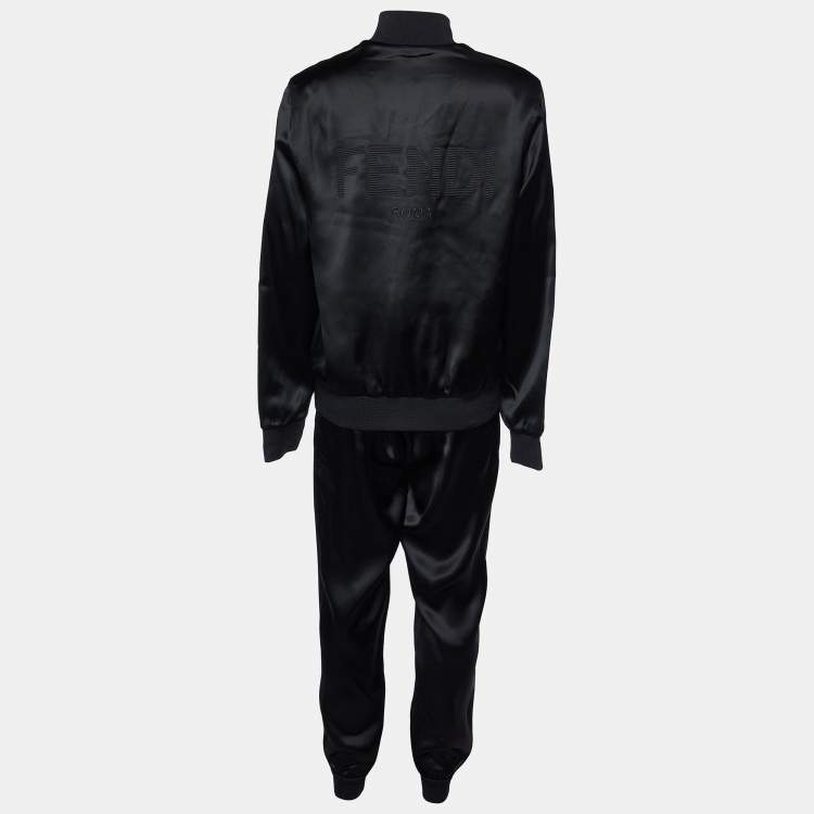 Pre Owned Fendi Black Satin Logo Embroidered Track Suit M
