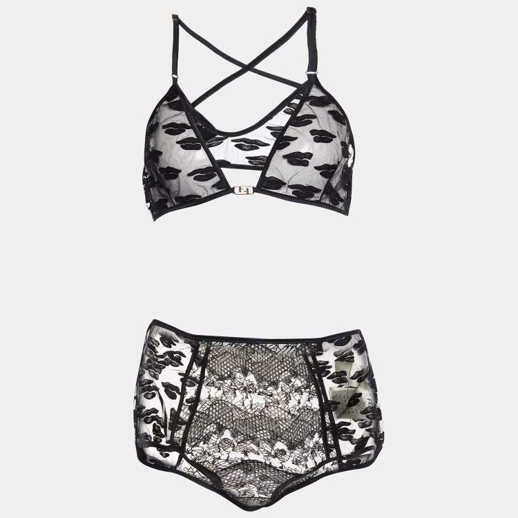 Pre Owned Fendi Black Embroidered Tulle Lingerie Set L