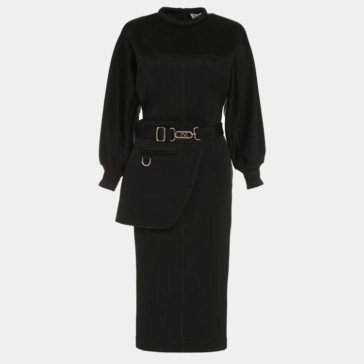 Pre Owned Fendi Black Jersey O'Lock Belted Midi Dress S