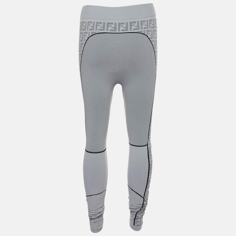 Pre Owned Fendi Grey Logo Pattern Jersey Seamless Leggings L/XL