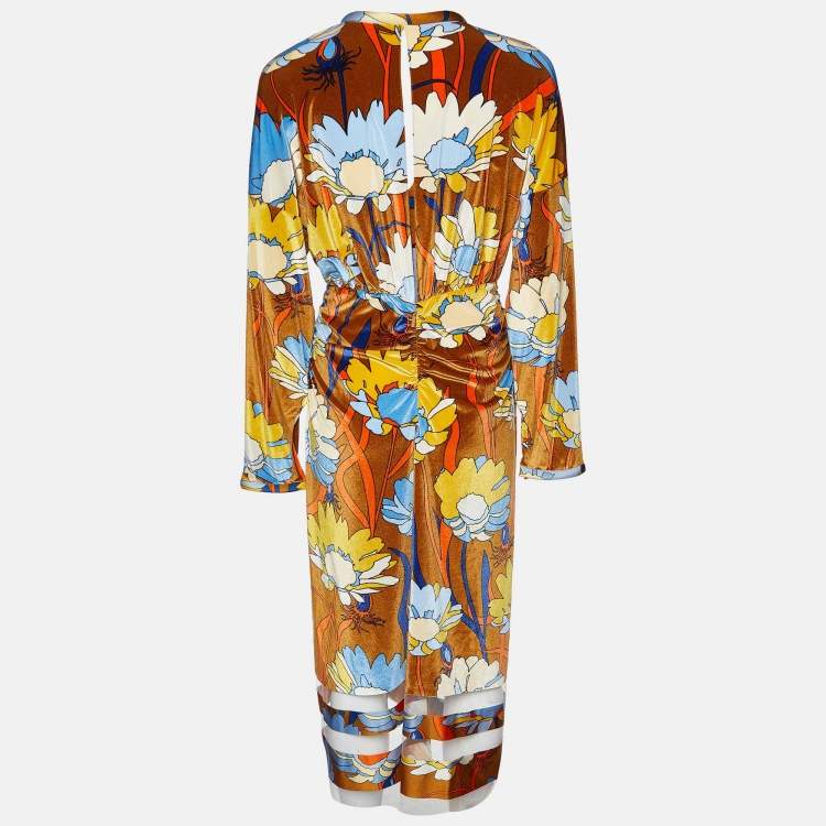 Pre Owned Fendi Brown Daisy Print Chenille Draped Midi Dress S