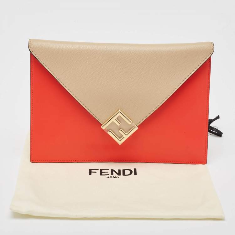 Pre Owned Fendi Beige/Red Leather FF Diamond Flat Pouch 