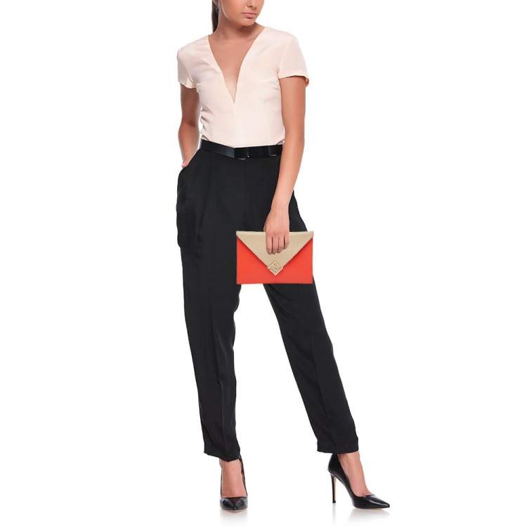 Pre Owned Fendi Beige/Red Leather FF Diamond Flat Pouch 