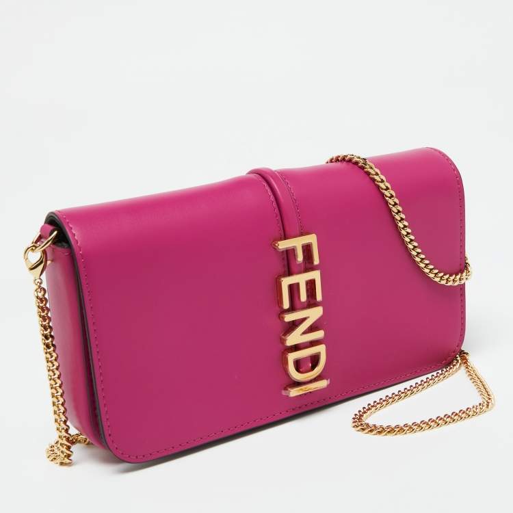 Pre Owned Fendi Pink Leather Fendigraphy Wallet on Chain 