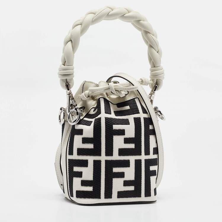 Pre Owned Fendi White/Black FF Canvas Mini Mon Tresor Drawstring Bucket Bag