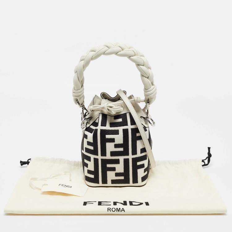 Pre Owned Fendi White/Black FF Canvas Mini Mon Tresor Drawstring Bucket Bag