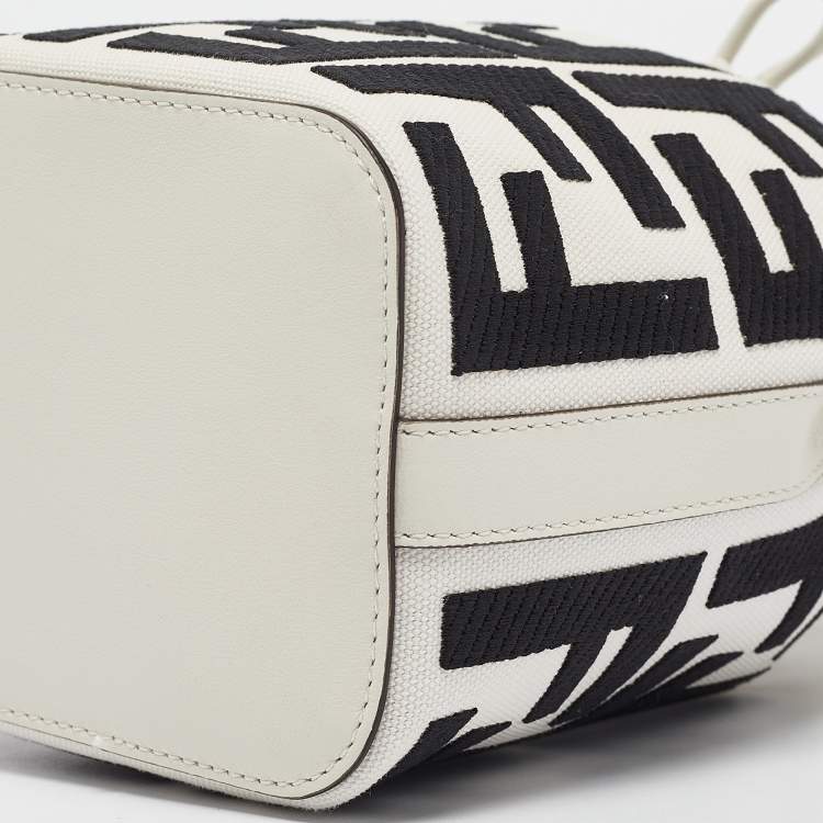 Pre Owned Fendi White/Black FF Canvas Mini Mon Tresor Drawstring Bucket Bag