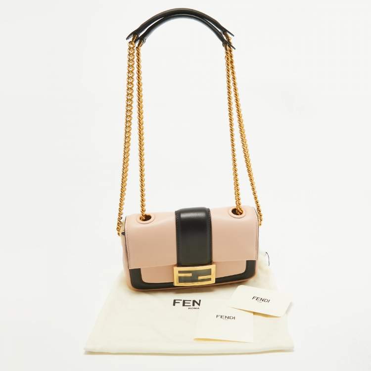 Pre Owned Fendi Pink/Black Leather Mini Baguette Chain Bag