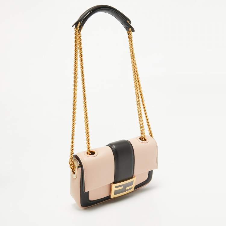 Pre Owned Fendi Pink/Black Leather Mini Baguette Chain Bag