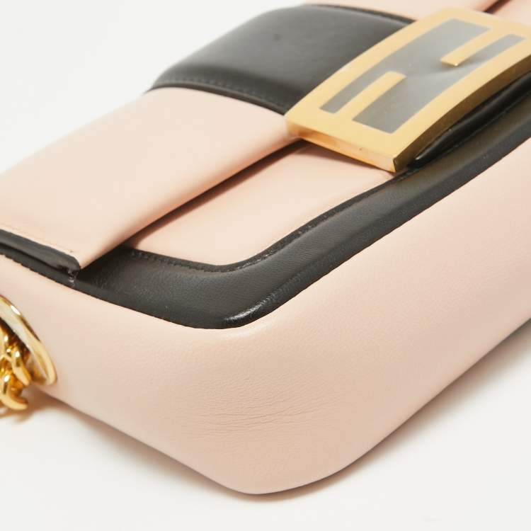 Pre Owned Fendi Pink/Black Leather Mini Baguette Chain Bag